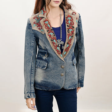 ADBZ031 Genuine leather Hand tooled hand carved Women 100% cotton Denim Blazer dress jacket ladies Girl